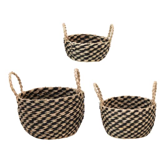 Black &#x26; Natural Hand-Woven Seagrass Baskets with Handles Set